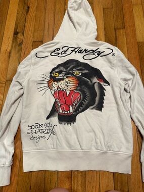 Y2K Vintage Rare Ed Hardy Full Zip White Hoodie Black Panther Size Mediem Fits M